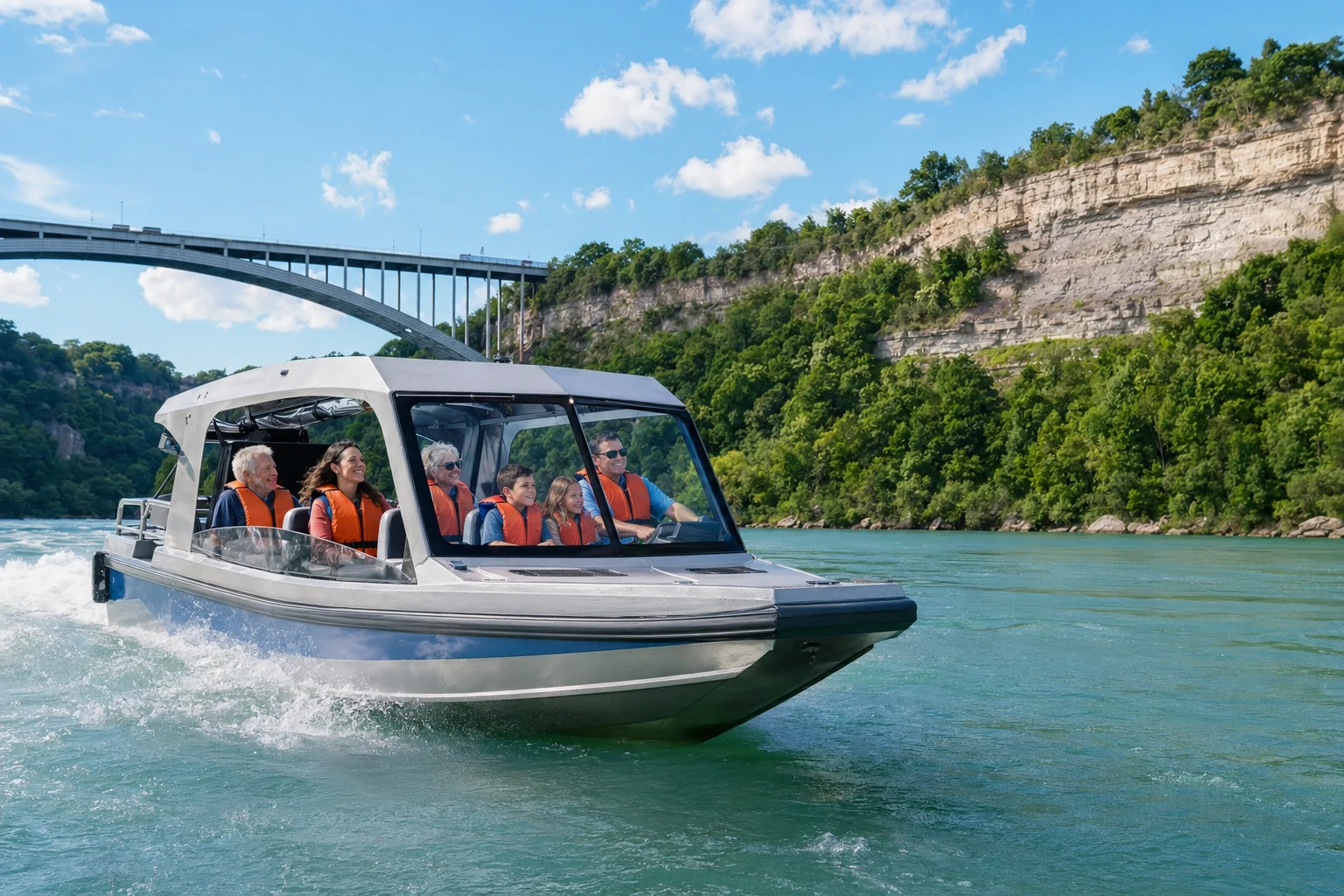 Family on a covered Niagara River jet boat wearing life jackets